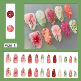 24Pcs Colorful Flower Press On Nails Medium Almond Summer Fake Nails with Floral Butterfly Designs Cute Handmade False Nails Full Cover Artificial Almond Nails Tips for Women Manicure for Women Girls