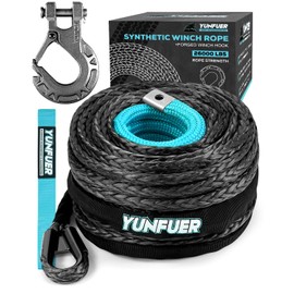 YUNFUER 3/8" x 92ft Synthetic Winch Rope Cable Kit, 26000LBS Winch Rope with Protective Sleeve + Forged Winch Hook and Safety Pull Strap for SUV (Gray)
