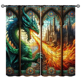 FengMingRui Stained Glass Curtains Western Monon Dragon Castle Abstract Geometry Window Treatments for Boys Girls Bedroom Game Room Window Drapes 42" W X 45" L