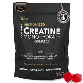 DLNIA 120 Creatine Monohydrate Gummies for Men & Women, Vegan-Friendly, Sugar-Free, & Tasty Chewables - Instantized Creatine Gummies for Muscle Growth (120 Count (Pack of 1), Strawberry)