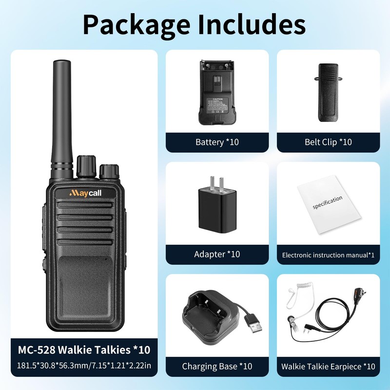 MC-528 10 Pack Walkie Talkies for Adult with Earpiece Two-Way