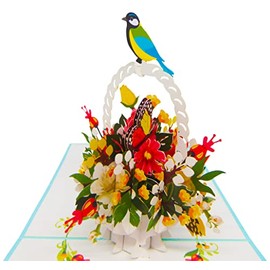 Flower bouquet with bird, Pop Up Card, 3D Popup Greeting Cards, for Birthday, Valentine's Day, Mothers Day, Spring, Fathers Day, Graduation, Wedding, Anniversary, Thank You, Get Well, All Occasion | 6" x 6"