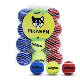 PIKASEN Dog Squeaky Tennis Balls for Pet Playing in 3 Sizes Premium Strong Dog & Puppy Balls for Training, Play, Exercise The Easiest Color for Dogs Red Yellow Blue (Medium-12pack)