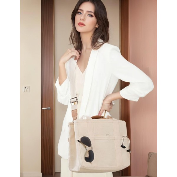 Canvas Women's Tote With Pockets, Crossbody Shoulder Handbag Everything Bag