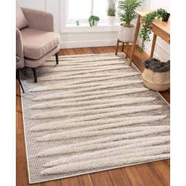 Well Woven Bergen Beige Flat-Weave Hi-Low Pile Geometric Stripes Moroccan Tribal Area Rug 8x10 (7'10" x 9'10")
