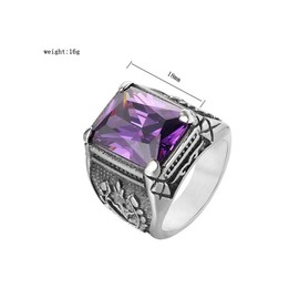 PMTIER Men's Classic Vintage Stainless Steel Carved Flower Pattern Cubic Zirconia Square Purple Gemstone Ring Size 13