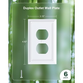 6-Pack Duplex Outlet Cover Plate, Decorative Pure White Switch Plates and Outlet Covers, Natural Bamboo Fiber Wall Plates for Electrical Outlets, 1 Gang Receptacle Cover, Corrosion Resistant