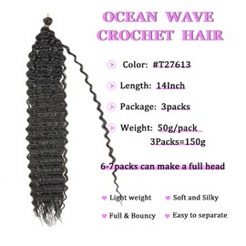 ZRQ Ocean Wave Crochet Hair 14 Inch 3 Packs Deep Wave Curly Braiding Hair Extensions Synthetic Curly Crochet Hair For Women #1B