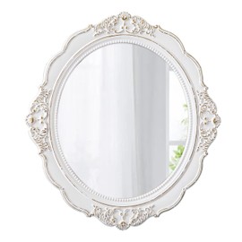 Sintosin Vintage Oval Wall Mirror 21 x 24 inch, Handmade Distressed White Wood Frame Entryway Mirror with Beaded Detailing, Decorative Small Mirrors for Wall Decor Living Room, Horizontal or Vertical