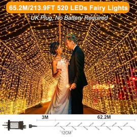 Realky Realky Fairy Lights Plug in, 65.2M/213.9FT 520LED Waterproof Outdoor String Lights Mains Powered with 8 Modes/Remote Control, Christmas Lights for Outside Indoor Garden Bedroom Decorations(Warm White)