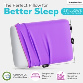 Imaginarium 2 Pack Memory Foam Pillows for Bed – 16" x 24" Standard – Fun Decorative Colorful Pillow for Sleeping – Back, Stomach & Side Sleepers – Plus 2 Extra Cooling Covers (Galactic Purple)