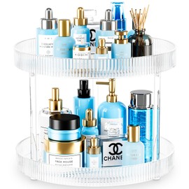 360° Clear Rotating Storage Tray, 2 Tier Lazy Susan Bathroom Countertop Organizer, Cosmetics and Perfume Organizer, Spinning Storage Tray Vanity Organizer Shelf for Bathroom Cabinet, Kitchen(Medium)