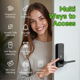 SAMUNIX Security Smart Door Handle Lock with Keypad, Fingerprint Keyless Entry Door Lock, Front Door Smart Lock, Biometric Digital Electronic Door Lock, Deadbolt Lock with Doorbell - Easy Installation