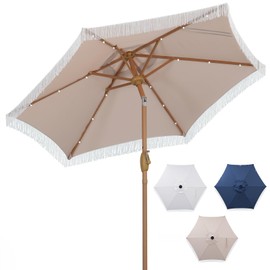OVASTLKUY 7.5FT Patio Umbrella with Tilt Fringe Tassel Umbrella with LED Solar Lights And Crank For Yard, Pool, Deck, Beach, Khaki
