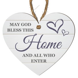May God Bless This Home and All Who Enter" Heart-Shaped Wall Plaque – Rustic Inspirational Sign for Christian Home Décor – Perfect Blessing Gift for Housewarming, Wedding, or Entryway Decoration