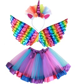 M MUNCASO Girls Fairy Costume Fancy Dress Up Angel Costume Sets Kids Princess Dress Tulle Tutu Skirt Set with Angel Wings, Unicorn Headband Set for 3-10 Years Girls (Purple)