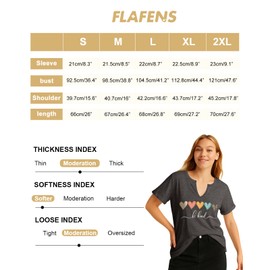 Flafens V Neck T-Shirts for Women - Graphic Short Sleeve Tees Tops Fashion Trendy Soft Casual Summer Outfits Clothes Colorful Heart Design, X-Large