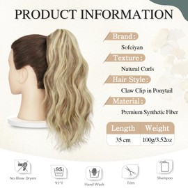 Sofeiyan Ponytail Extension Clip in Claw Hairpiece Ponytail Hair Extension Long Wavy Curly Ponytail with Clip Hair Extension Synthetic Hair Heat Resistant for Women, Blonde