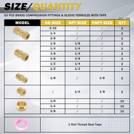 Taiidaues 53 Pcs Brass Compression Fittings Assortment Kit, 1/8"3/16"1/4" 3/8"1/2" OD Tube & NPT Thread Compression Union Fittings Connectors & Compression Sleeves Ferrules