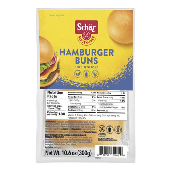 Schar Gluten Free Hamburger Buns, 10.6oz Bag (Pack of 2)