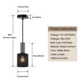 Lighten Chance Modern Black Pendant Light Adjustable Hanging Light Fixture with Concrete Industrial Pendant Lighting Over Kitchen Island for Dining Room, Hallway (Short Cylinder Shape)
