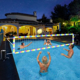 Pool Volleyball Net Set with Solar LED Lights, Adjustable 15-32ft Water Volleyball Net for Inground Pools with Glow Ball, Pump & Weighted Bases, Outdoor Pool Games for Kids Adults Family