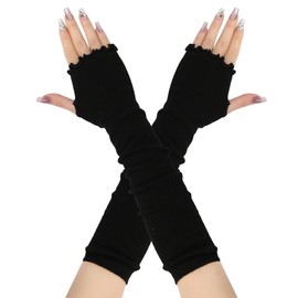 VASANA Women Long Fingerless Gloves Lotus Leaf Edge Style Soft Stretchy Long Arm Sleeve Elastic Stretch Arm Sleeve Winter Warmer Thumb Hole Gloves(Black