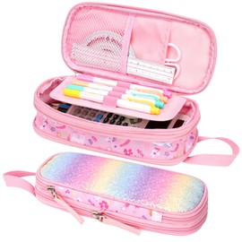 BrainyBees Pencil Case for Girls - Expandable Big Capacity Pencil Cases for Kids Special Pencil Pouch for Girls Sparkly Kids Pencil Bag for School (Glitter Pink, Unicorn)