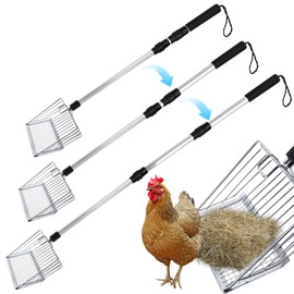 Owfeel Metal Chicken Poop Scooper, Long Chicken Coop Litter Scoop with Adjustable Stainless Steel Handle, 3 in 1 Multifunctional Heavy Duty Litter Sifting Shovel Chicken Coop Accessories