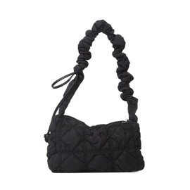 TQUXNGA Pleated Shoulder Bag, Underarm Shoulder Bag, Quilted Handbag Purse, Nylon Handbag, Purse, Drawstring Shoulder Strap, black