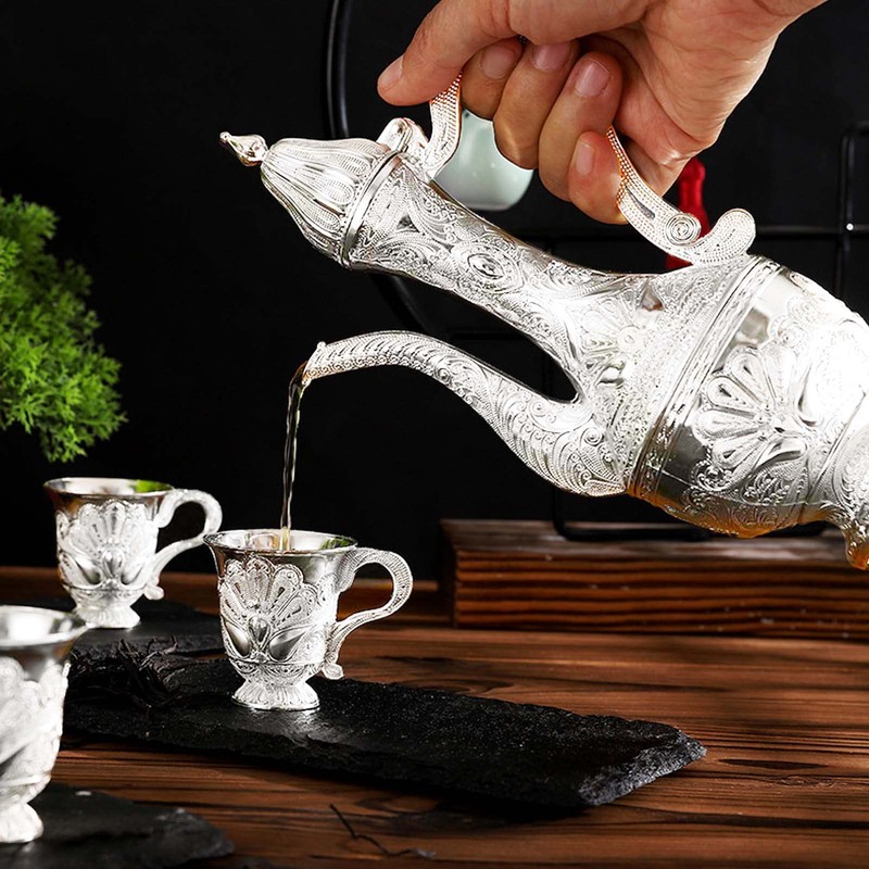 Turkish Coffee Cup and Tea Pot Set Including Teapot,Tea Tray,6