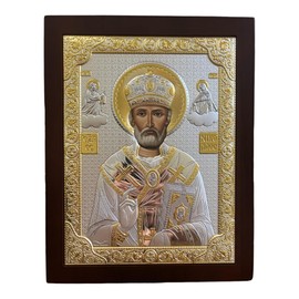 (PR-4/003G/K) Saint Nicholas Byzantine Silver Orthodox Icon/Greek Handmade (Red, 7 1/2 x 6)