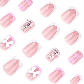 White French Tip Press on Nails Short Square Fake Nails with Design Rhinestone Bow Charms Glue on Nails Full Cover Acrylic Nails Pink Artificial False Nails Stick on Nails for Women 24 Pcs Nail Art