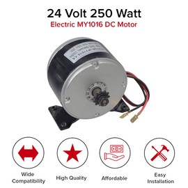 AlveyTech 24 Volt 250 Watt Electric MY1016 DC Motor - 24V 250W 2600-2850 RPM with 11-Tooth #25 Chain Gear Sprocket, Brushed Brush-Type, Battery Power, use on Many Razor Scooter Dirt Mini Bike Go-Kart