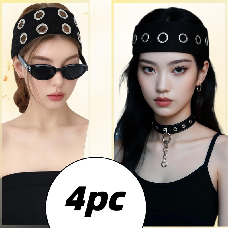 2 Pcs Women Black Grommet Headbands, Elastic Studded Headband with