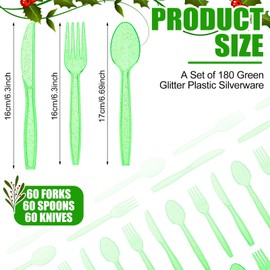 Lasnten 180 Pieces Glitter Plastic Silverware Set Disposable Clear Plastic Cutlery Flatware for Party 60 Knives 60 Spoons 60 Fork for Party Birthday Dinnerware Supplies(Green)
