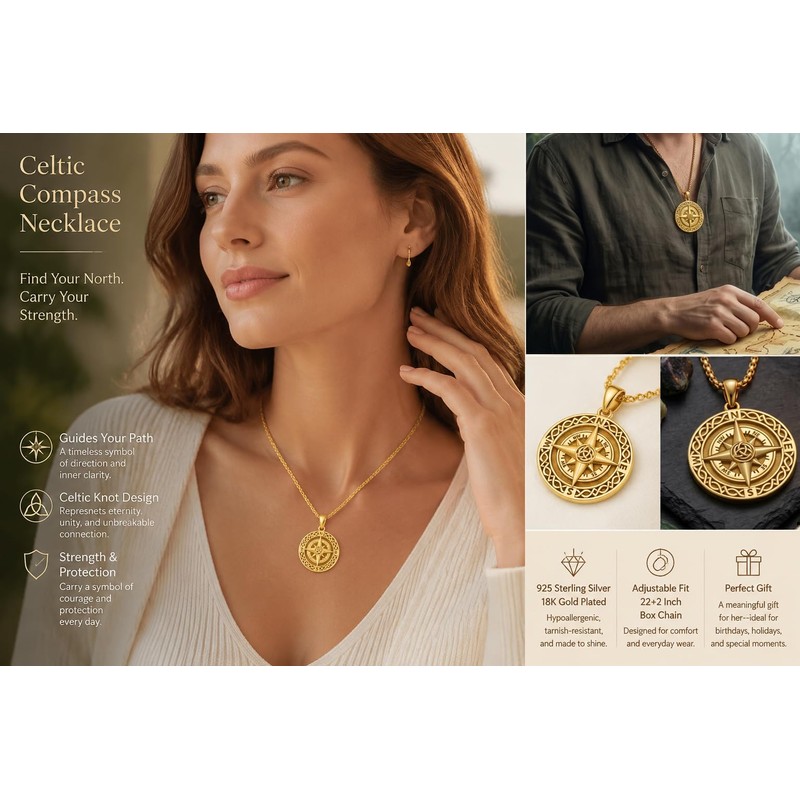 DRINSPER Celtic Compass Necklace for Women Men, Travel Protection Pendant
