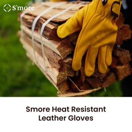 S'more Leather Work Gloves for Men & Women,Cowhide Working Gloves with Wrist Closure,Heat Resistant,Puncture & Cut Resistant,Camping,Yardwork, Construction (Yellow)
