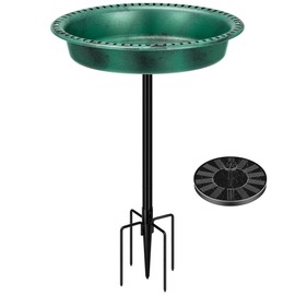 VIVOHOME Oval Polyresin Bird Bath Bowl with Solar Fountain, 29 Inch Height Outdoor Freestanding Birdfeeder with Metal Stake, Capacity 1.3 Gallons, 5-Pronged Base, Green