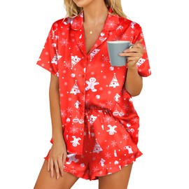 HOTOUCH Christmas Pajamas Women Silk Satin Set Two-Piece Button Down Short Sleeve Sleepwear Pajamas