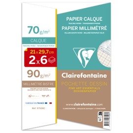 Clairefontaine - Ref 97528C - White Vellum Graph Paper (12 Sheets) - A4 (297 x 210mm) Sized, 70gsm Paper, Graph Rulings, Sepia Front & Blue Back, Smooth Surface