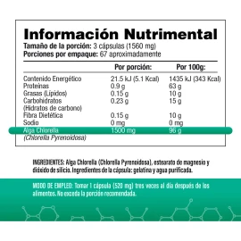 Alga Chlorella 1500mg por Porcin (3 Cpsulas al da) - Pared celular rota - 200 Cpsulas - Con Chlorella Orgnica - SV - Sin Gluten y Sin OMG             