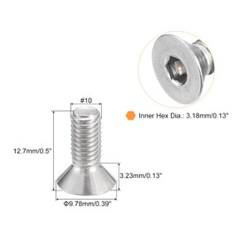 TOP-VIGOR 50Pcs #10-32x1/2 Hex Socket Countersunk Head Cap Screws, Allen Socket Drive 304 Stainless Steel DIN7991 Flat Head Socket Cap Screws Bolts for Bicycle Motorcycle, Machinery Repairment