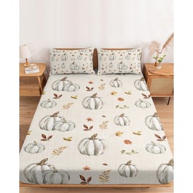 Harvest Pumpkin with Fall Leaves Fitted Bed Sheets Queen Size Fit 5-16inch Deep Pockets,Luxury Bottom Sheet Bedding Set with Pillow Case,Botanical Plant on Burlap Linen Fitted Sheet for Mattress