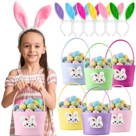 Domensi 6 Set Easter Basket for Kids,6 Woven Rope Easter Basket for Girls,6 Adorable Bunny Headbands, Empty Baskets with Handle for Girls, Boys Toddler, Babies, Infant for Egg Hunt(Cute Style)