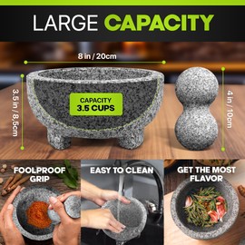 Umien™ Granite Mortar and Pestle Set - 100% Granite - 3.5-Cups - 8-Inch – Avocado Tool Included – Natural Stone Molcajete for Spices, Pestos, & Guacamole (Grey) - Stone Grinder - Guacamole