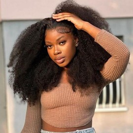 MORE FACE Afro Kinky Curly Wear And Go Glueless Wigs Pre Cut Lace 7x5 Lace Closure Wigs Pre Bleached Human Hair 100% Wigs - Size: 22 inches