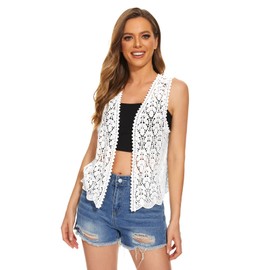 CMajorHan Womens Floral Crochet Lace Trim Sleeveless Open Front Vest Cardigan