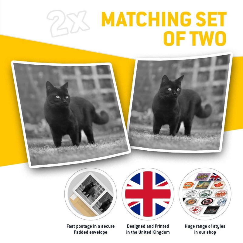2 x 7.5cm Square Vinyl Stickers - Hunting Black Cat