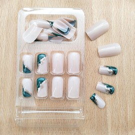 Press on Nails Medium Nails Press ons Square Green Fake Nails with Golden Glitter Design Nude Full Cover Gel Glue on Nails for Women Acrylic False Nails with Glue Stick on Nails 24Pcs